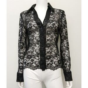 Northern Reflections Black Lace Button Front Blouse Womens M  Sheer 90s Y2K Goth